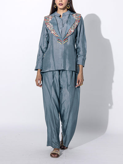 Grey Embroidered Top and Pant Set