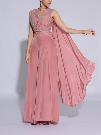 Peach Embroidered Net Top and Palazzo Set