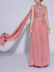 Peach Embroidered Net Top and Palazzo Set