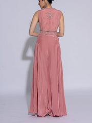 Peach Embroidered Net Top and Palazzo Set