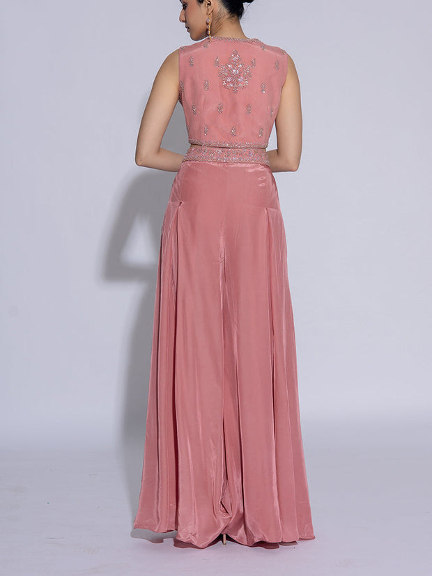 Peach Embroidered Net Top and Palazzo Set