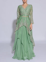 Green Organza Embroidered Jacket and Skirt Set