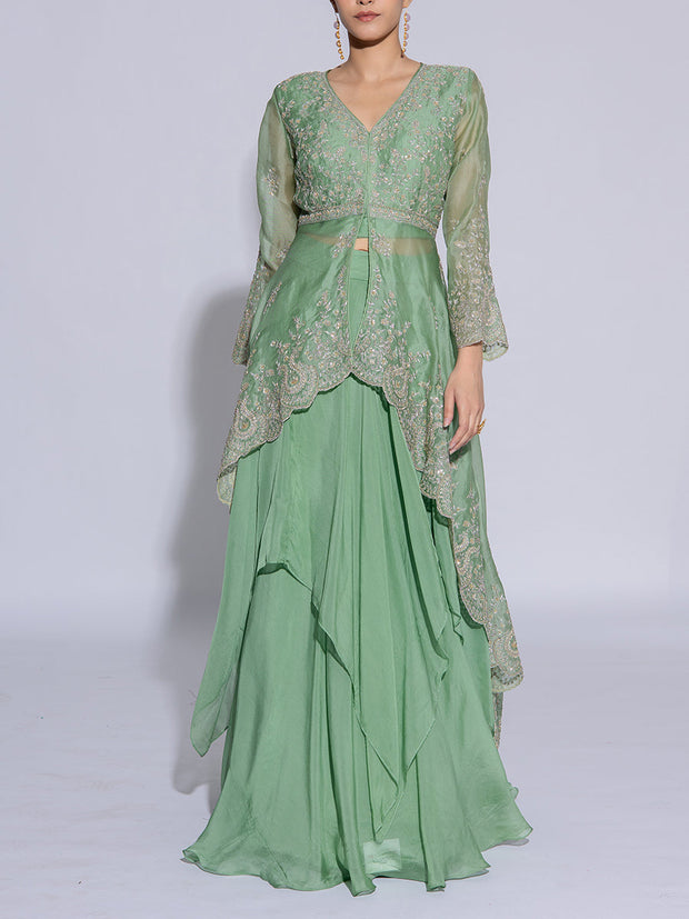 Green Organza Embroidered Jacket and Skirt Set