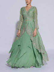 Green Organza Embroidered Jacket and Skirt Set