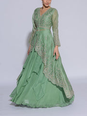 Green Organza Embroidered Jacket and Skirt Set
