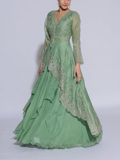 Green Organza Embroidered Jacket and Skirt Set