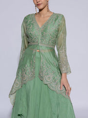 Green Organza Embroidered Jacket and Skirt Set