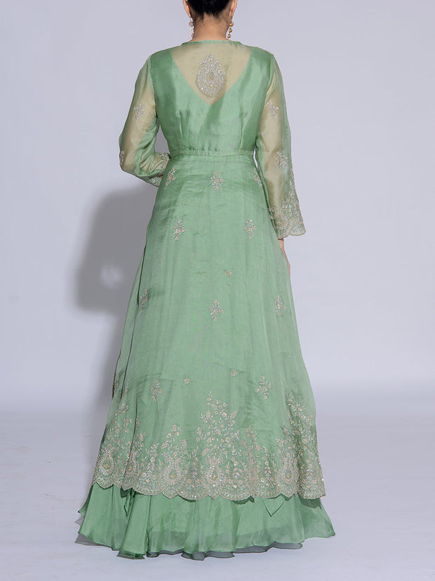 Green Organza Embroidered Jacket and Skirt Set