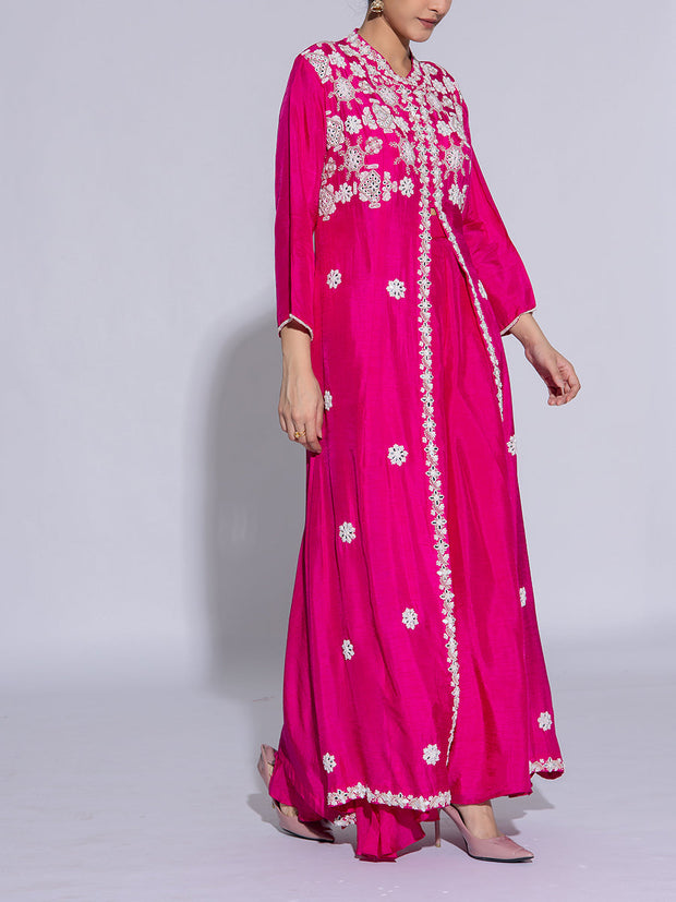Pink Raw Silk Embroidered Jacket and Palazzo Set
