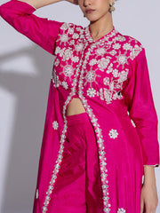 Pink Raw Silk Embroidered Jacket and Palazzo Set
