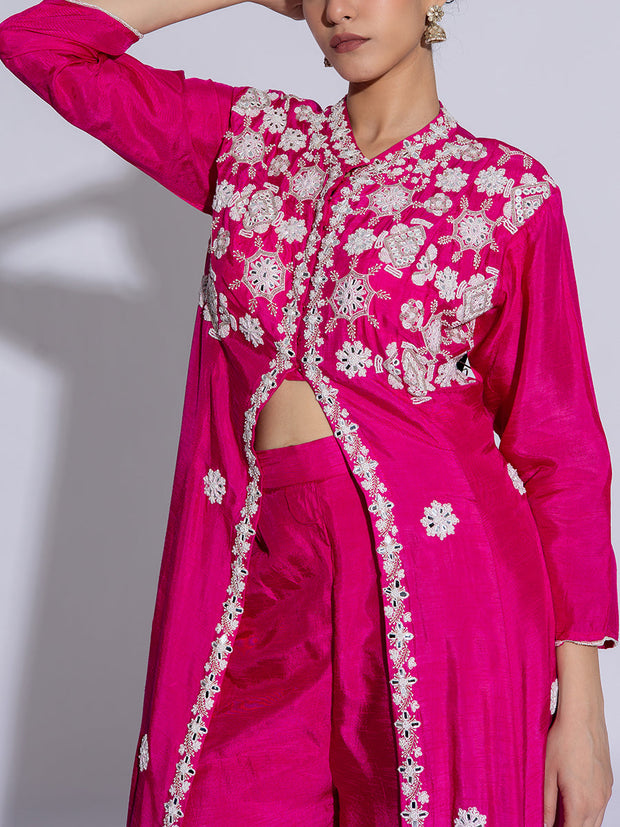 Pink Raw Silk Embroidered Jacket and Palazzo Set