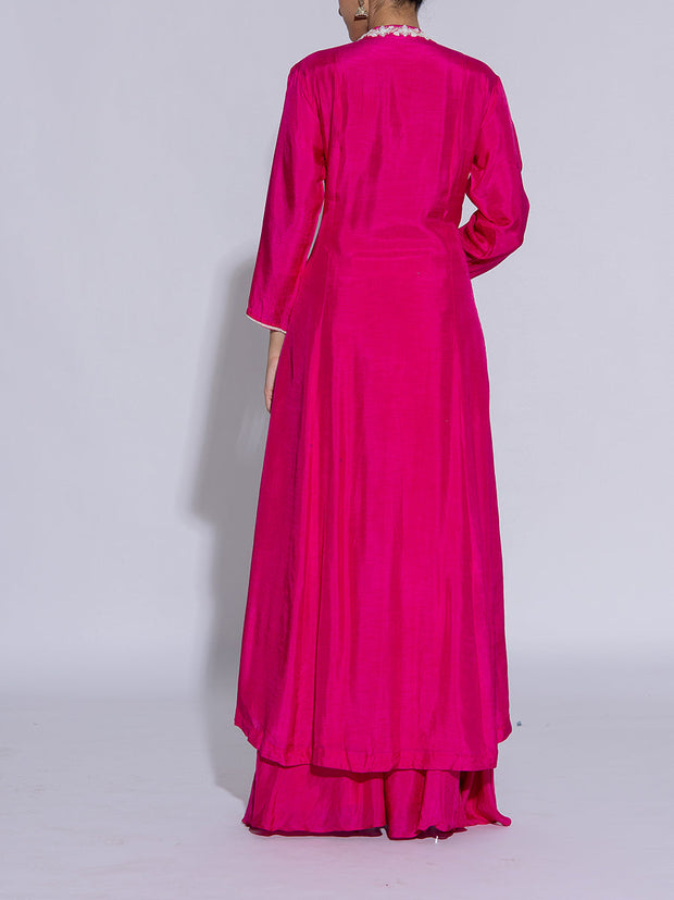 Pink Raw Silk Embroidered Jacket and Palazzo Set