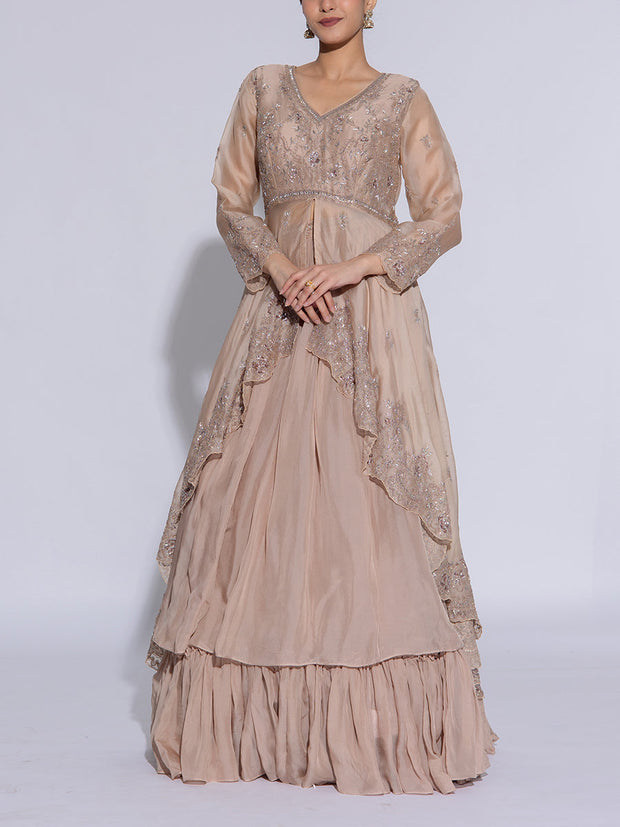 Beige Organza Embroidered Jacket and Skirt Set