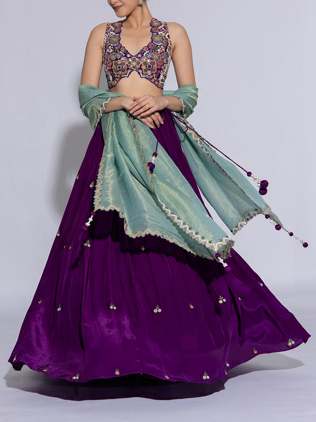 Violet Dola Silk Embroidered Lehenga Set