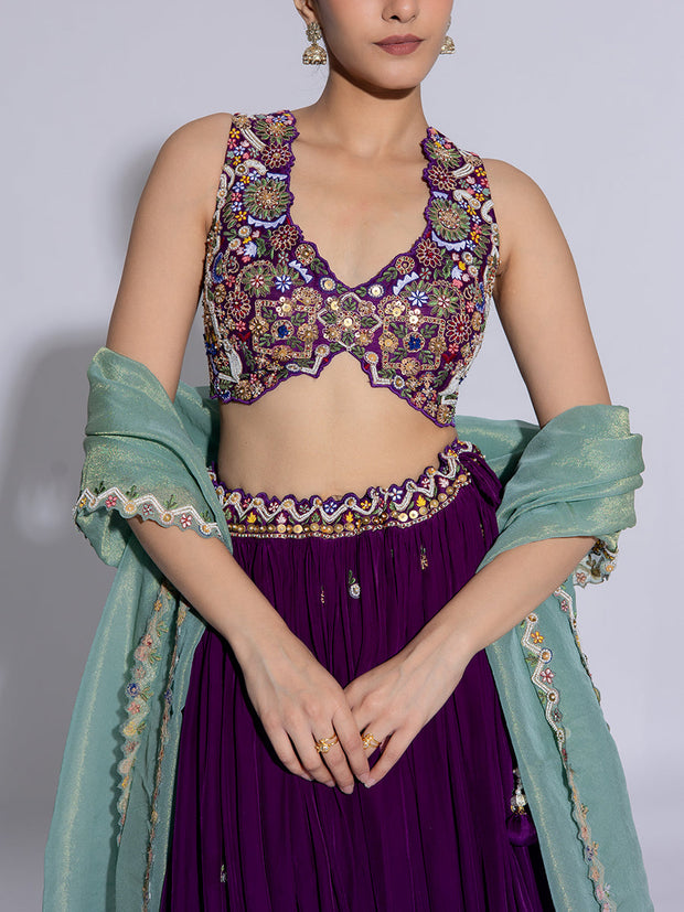 Violet Dola Silk Embroidered Lehenga Set