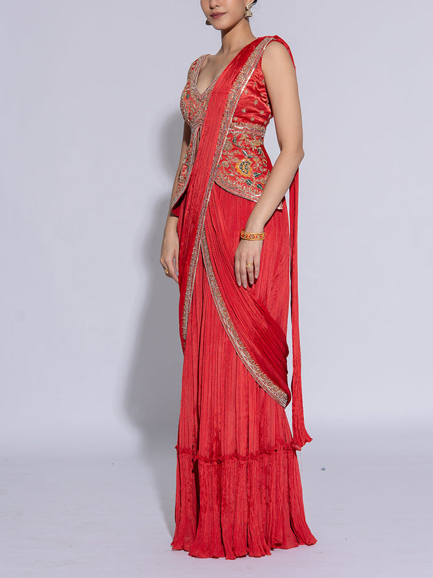 Orange Dola Silk Embroidered Drape Saree