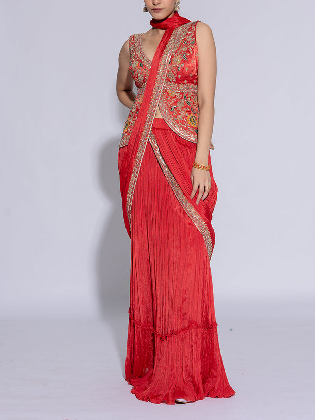 Orange Dola Silk Embroidered Drape Saree