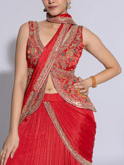 Orange Dola Silk Embroidered Drape Saree