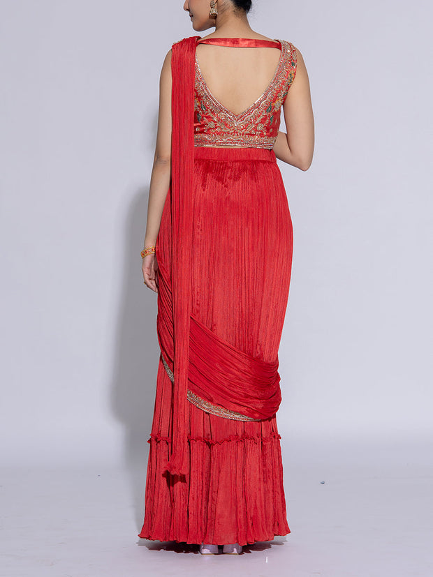 Orange Dola Silk Embroidered Drape Saree