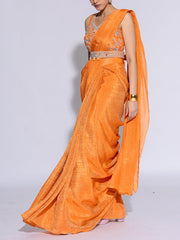 Mustard Tissue Embroidered Drape Saree