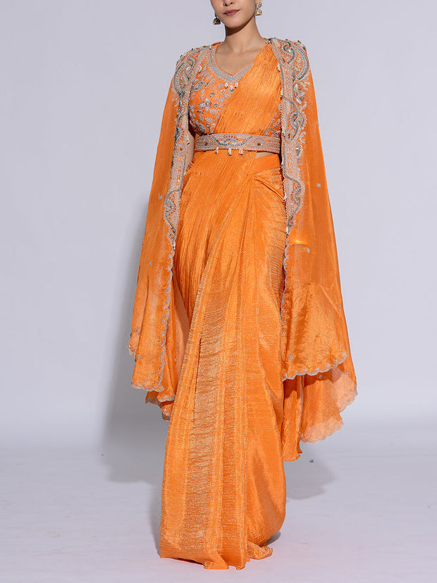 Mustard Tissue Embroidered Drape Saree