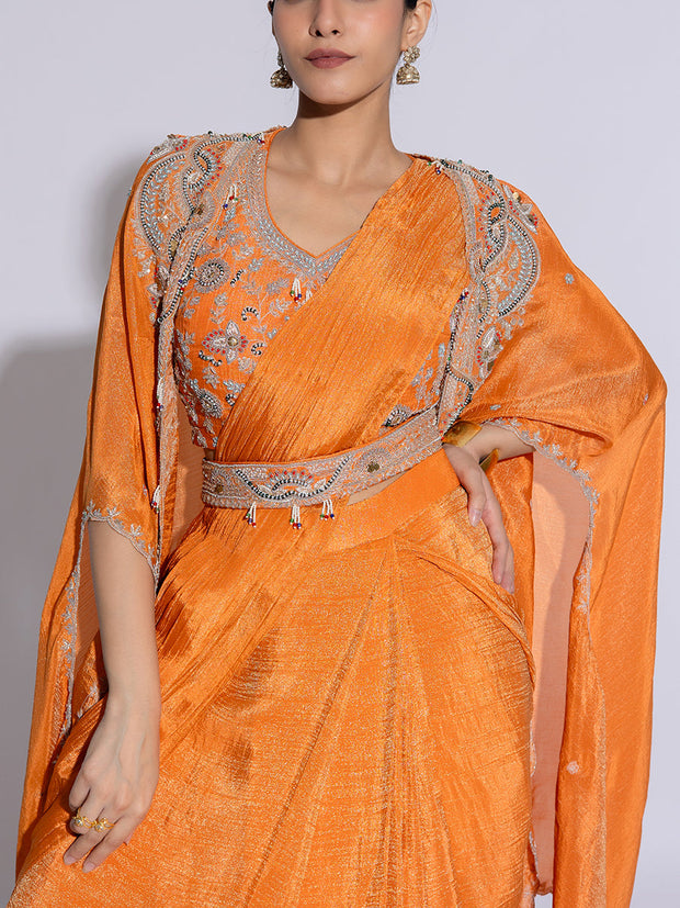 Mustard Tissue Embroidered Drape Saree