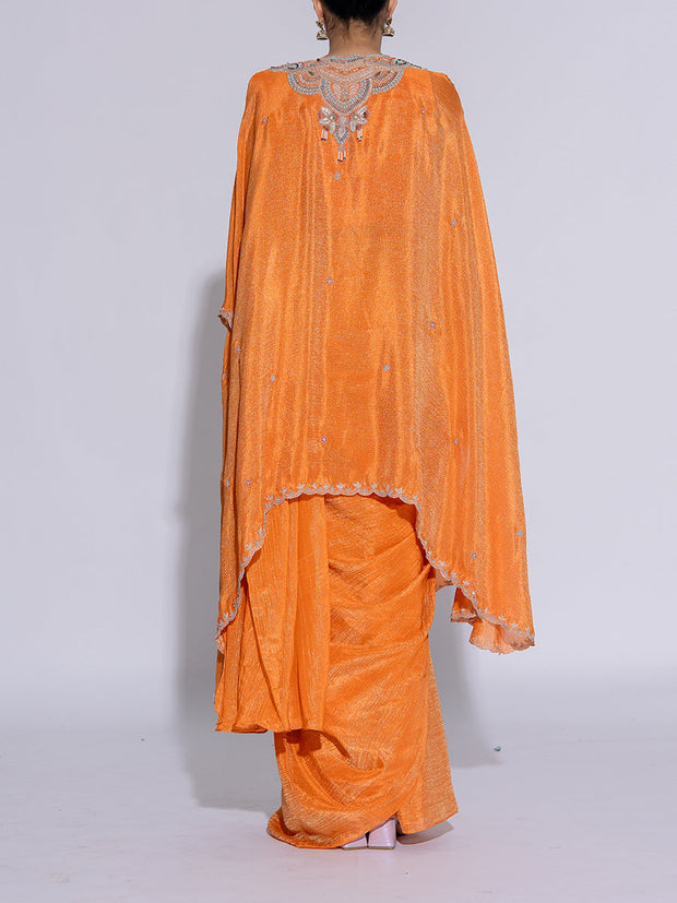 Mustard Tissue Embroidered Drape Saree