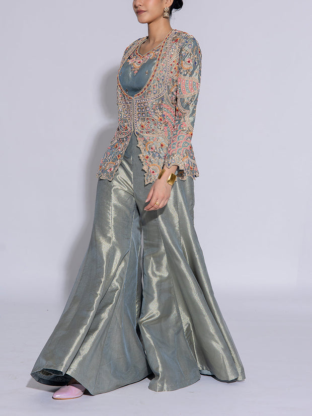 Green Tissue Embroidered Jacket and Pant Set