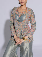 Green Tissue Embroidered Jacket and Pant Set