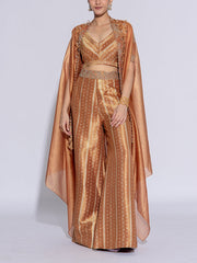 Golden Yellow Tissue Embroidered Cape and Pants Set