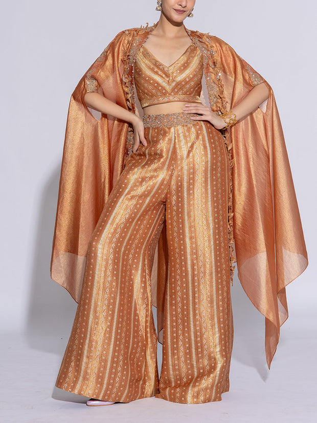 Golden Yellow Tissue Embroidered Cape and Pants Set