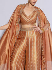 Golden Yellow Tissue Embroidered Cape and Pants Set