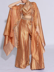 Golden Yellow Tissue Embroidered Cape and Pants Set