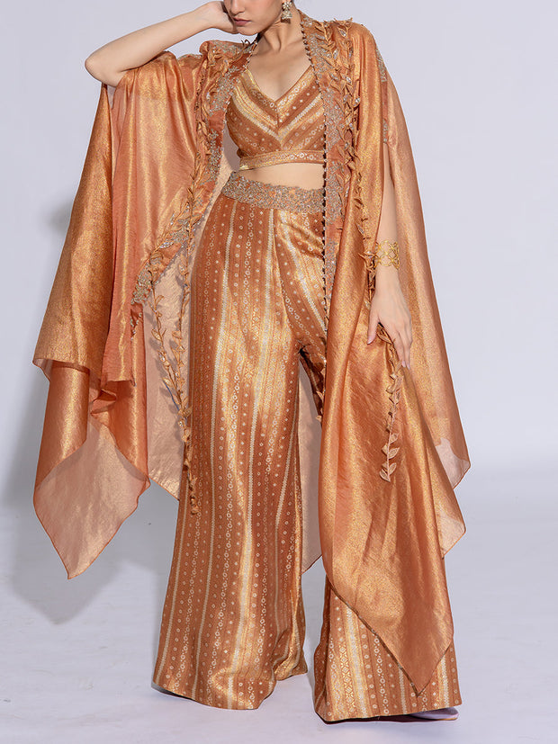 Golden Yellow Tissue Embroidered Cape and Pants Set