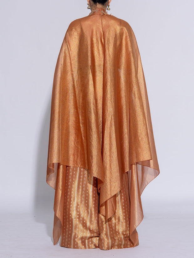 Golden Yellow Tissue Embroidered Cape and Pants Set