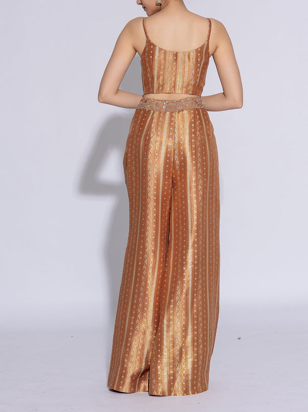 Golden Yellow Tissue Embroidered Cape and Pants Set