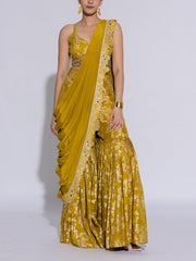 Mehendi Green Dola Silk Embroidered Jacket and Sharara Set