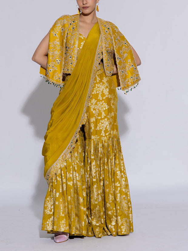 Mehendi Green Dola Silk Embroidered Jacket and Sharara Set