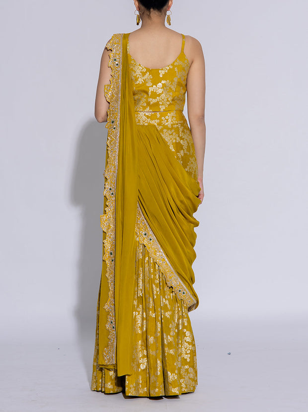 Mehendi Green Dola Silk Embroidered Jacket and Sharara Set