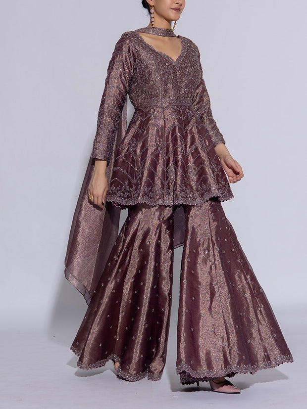 Muted Purple Tissue Embroidered Peplum and Sharara Set