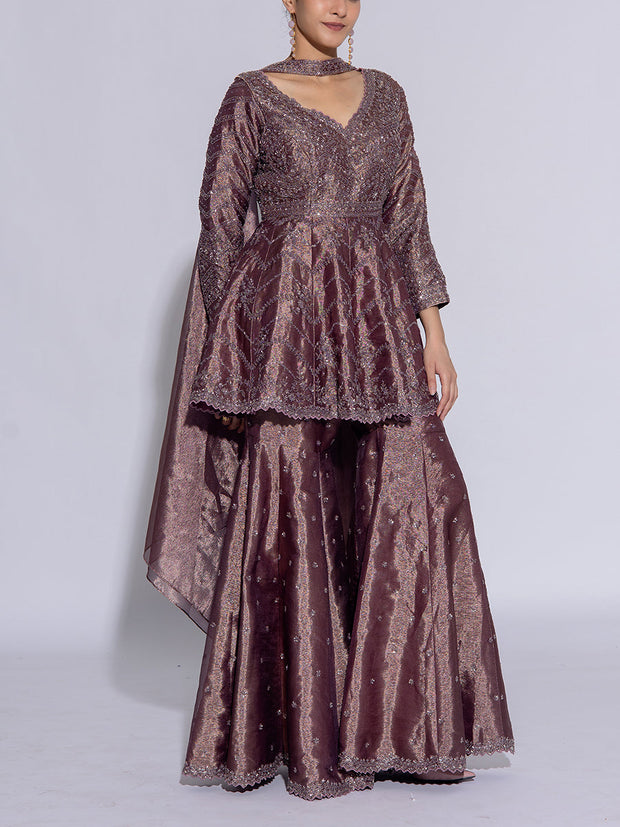 Muted Purple Tissue Embroidered Peplum and Sharara Set