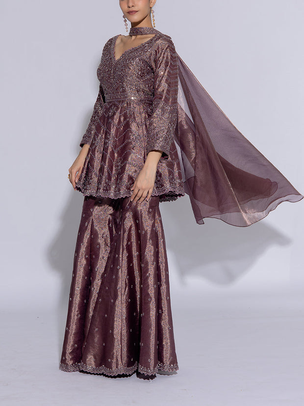 Muted Purple Tissue Embroidered Peplum and Sharara Set