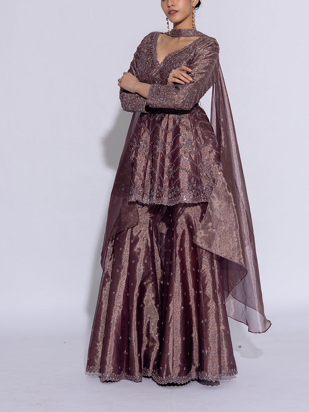 Muted Purple Tissue Embroidered Peplum and Sharara Set