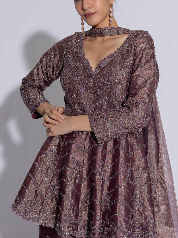 Muted Purple Tissue Embroidered Peplum and Sharara Set