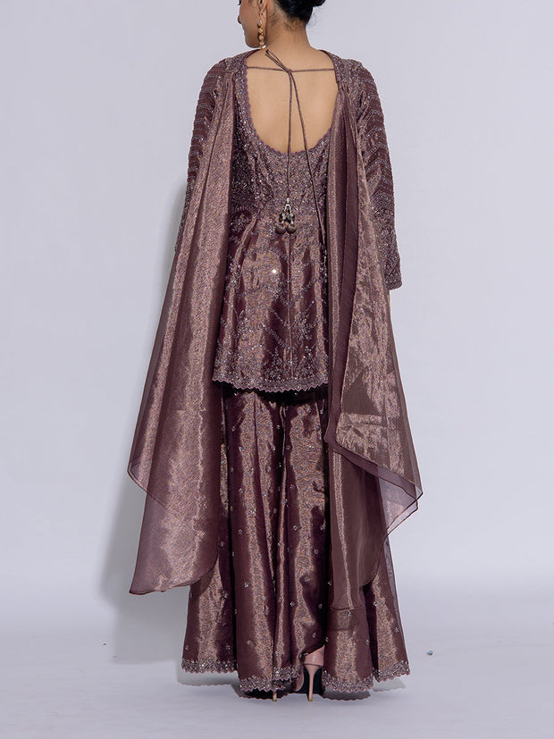 Muted Purple Tissue Embroidered Peplum and Sharara Set