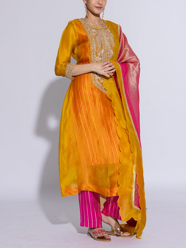Yellow Organza Embroidered Suit Set