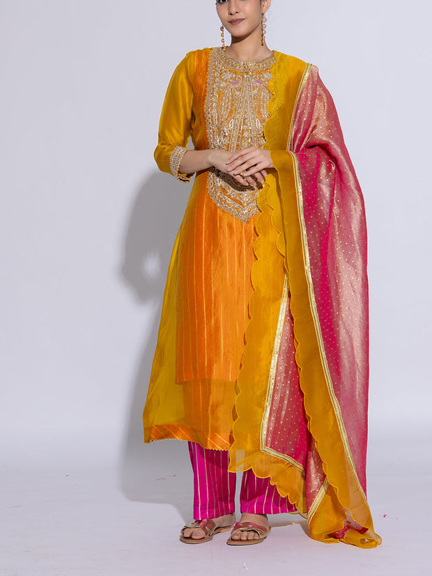 Yellow Organza Embroidered Suit Set
