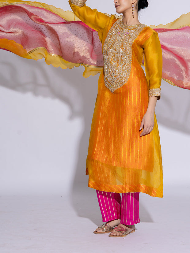Yellow Organza Embroidered Suit Set