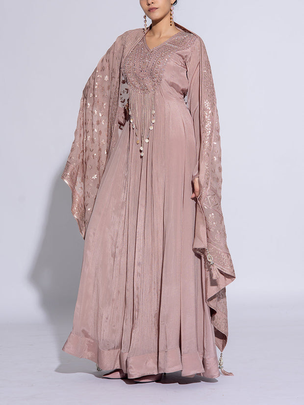 Beige Crepe Embroidered Gown