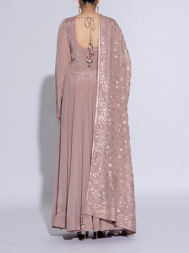 Beige Crepe Embroidered Gown